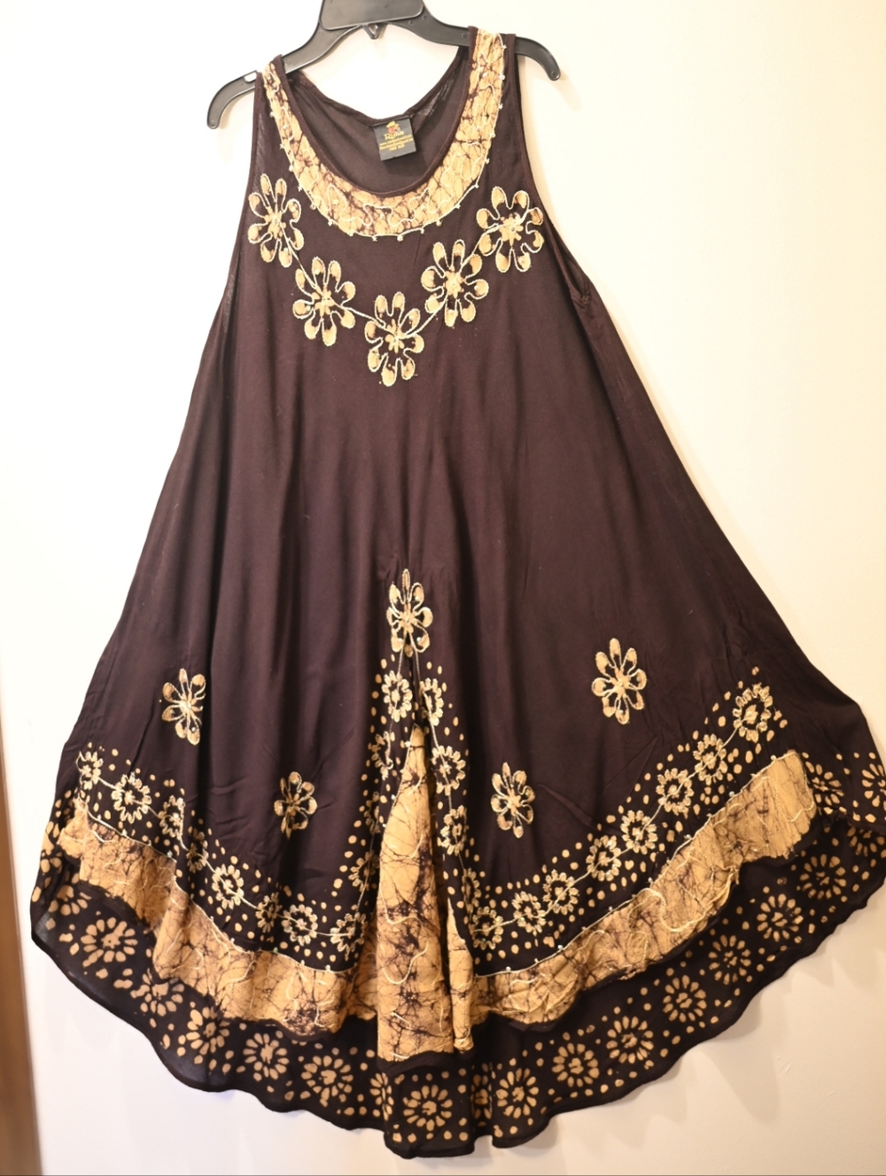 Black Brown Asymmetrical Floral Embroidered Sheer Sleeveless Dress M-L Boho